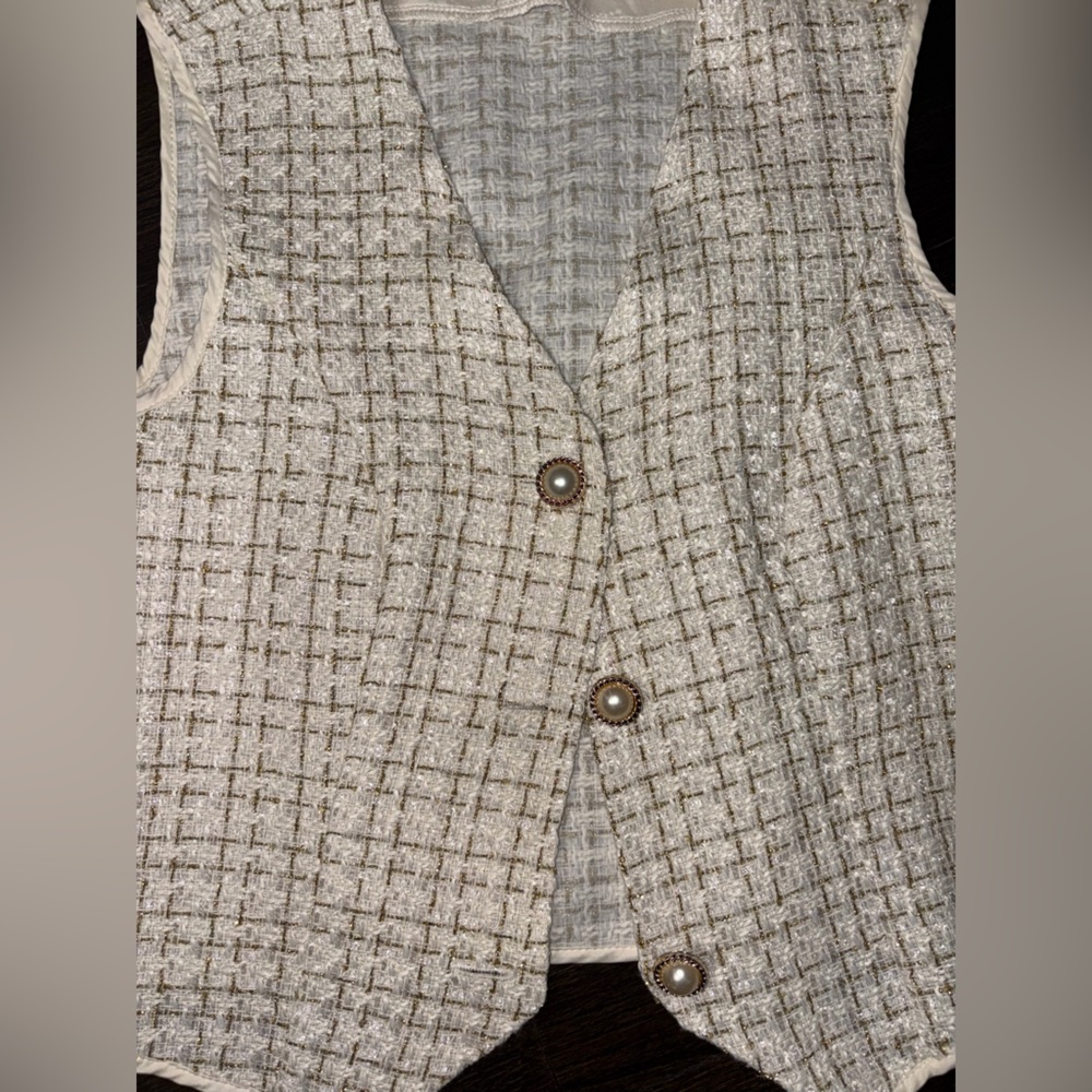 SHEIN Cream Tweed Vest with Button Detail
